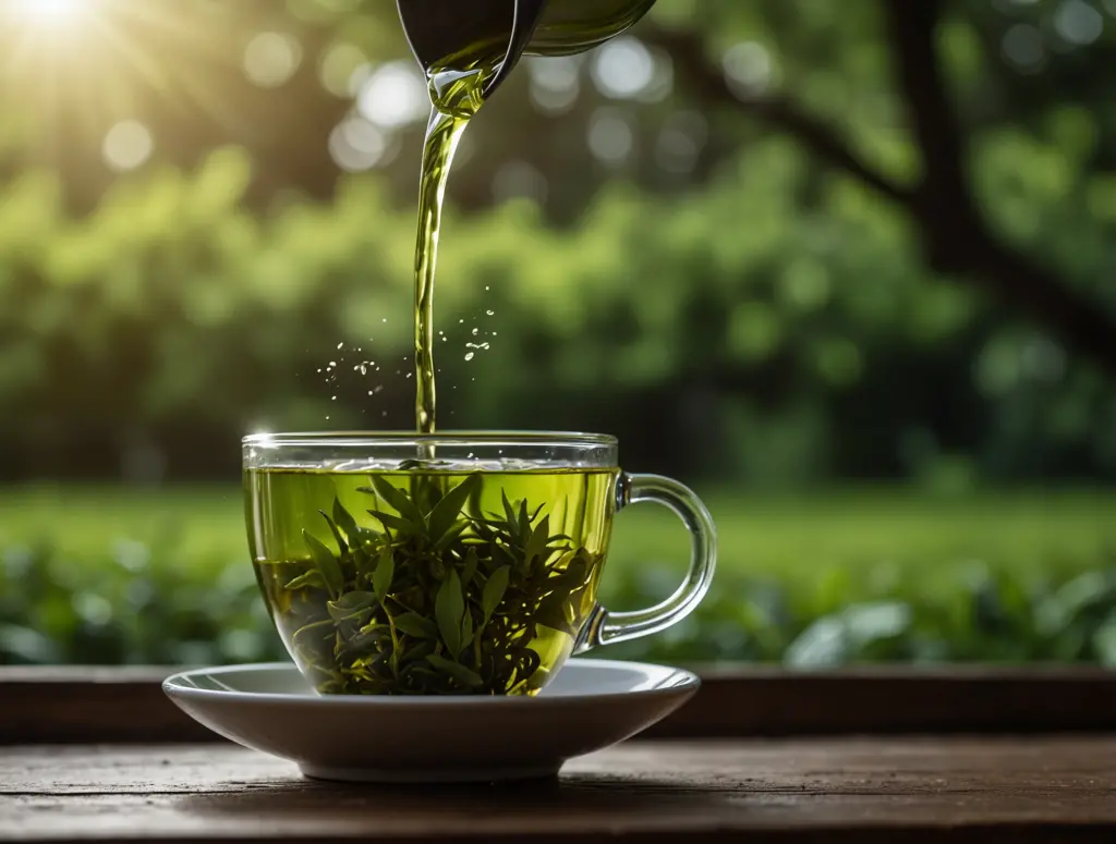 A steaming cup of green tea with fresh leaves