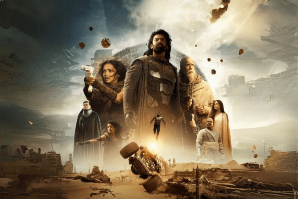 Poster of Kalki 2898 AD featuring Prabhas, Deepika Padukone, and Amitabh Bachchan.